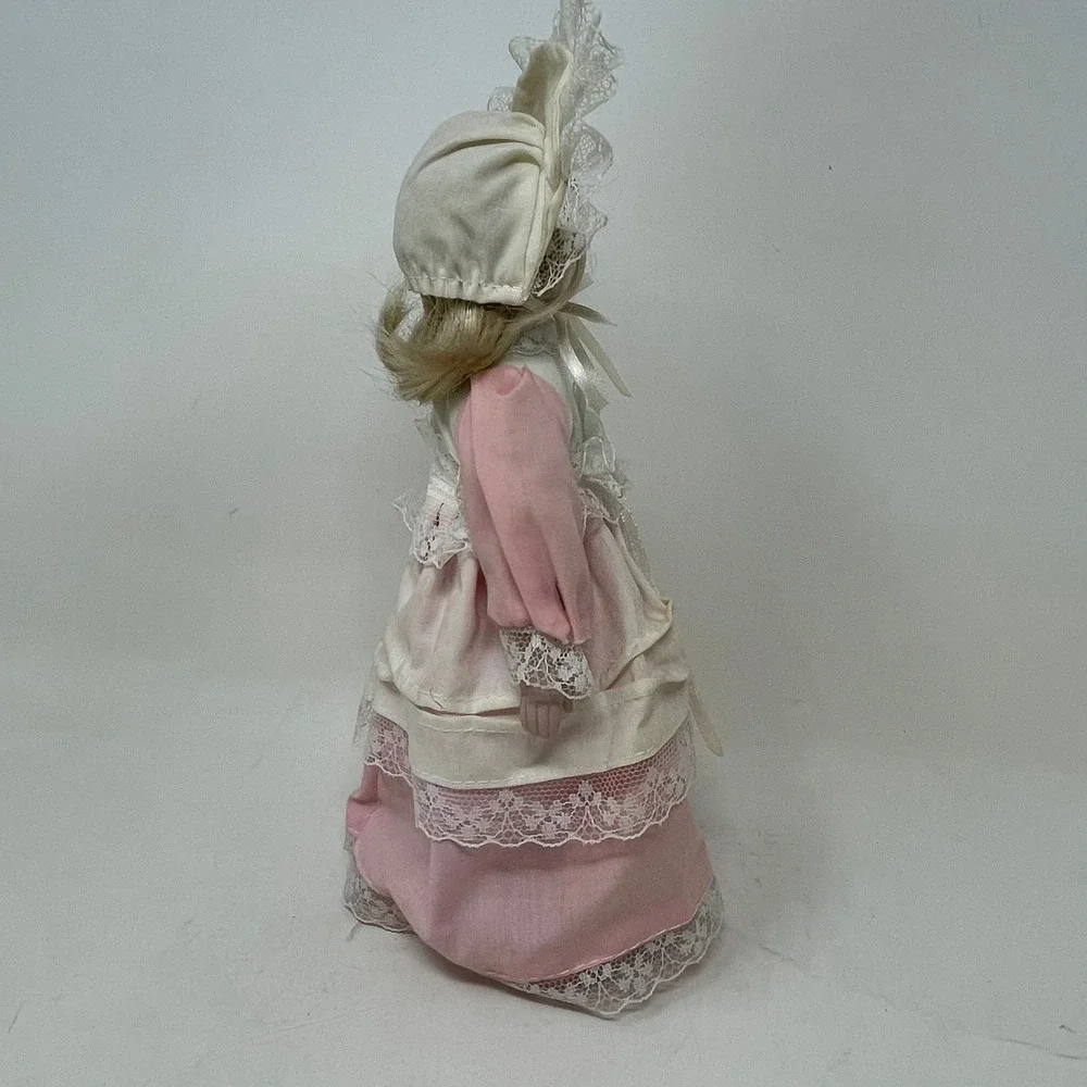 Vintage Porcelain Doll Pink Lace Victorian Dress Blonde Hair Collectible 9 Inch